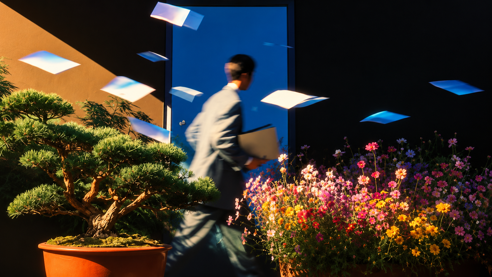 A figure in a suit striding past a sunlit blue doorway as papers float through the air
